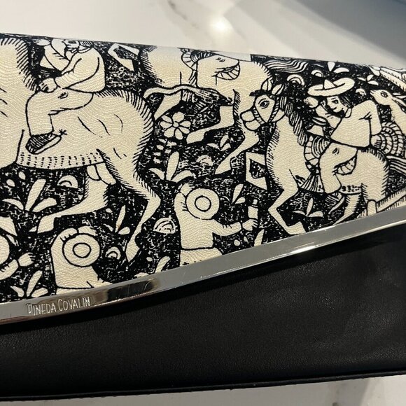 Pineda Covalin Clutch/Purse Flap Over Clutch Silk Leather Black White Pattern - Picture 2 of 9